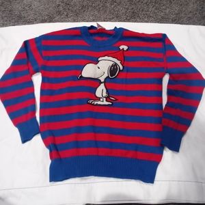 Peanuts Snoopy Striped Holiday Graphic Pullover Sweater/Red & Blue/Size Medium